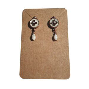 Vintage Copper Round Floral Dangle Earrings Faux Pearl Accents Retro Mom Gift